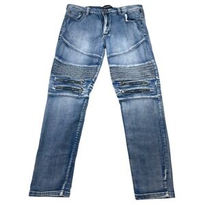 Victorious Jeans Men's 36 x 32 Blue Denim Stretch Zip & Pleated Knees Skinny Leg